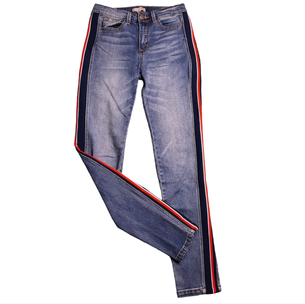 Gianni Bini GB Ribknit Stripe Skinny Crop Blue Jeans SZ 3 JR